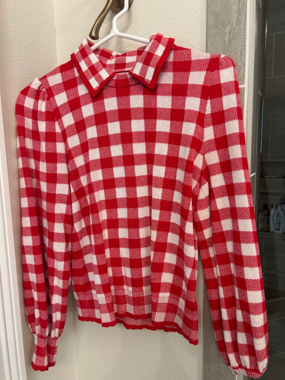 Red and White Gingham Collared Women’s Sweater
